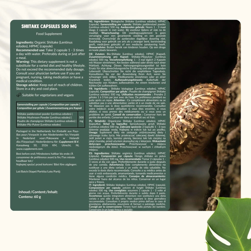 Shiitake Orgánico 500 mg – 60 Cápsulas Veganas