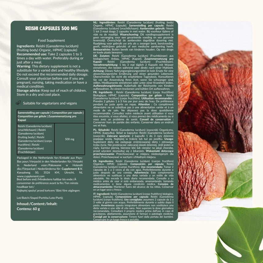 Reishi Orgánico 500 mg – 60 Cápsulas Veganas