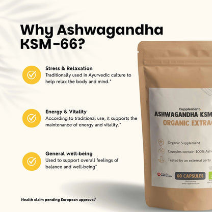 Ashwagandha KSM-66 Orgánica 500 mg – 60 Cápsulas Veganas