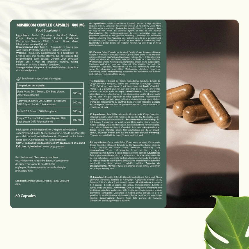 Complejo de 4 Hongos Orgánicos 400 mg – 60 Cápsulas Veganas