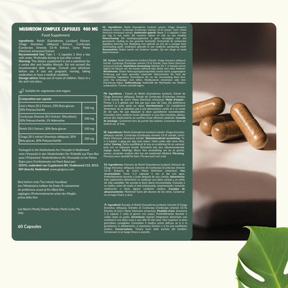 Complejo de 4 Hongos Orgánicos 400 mg – 60 Cápsulas Veganas