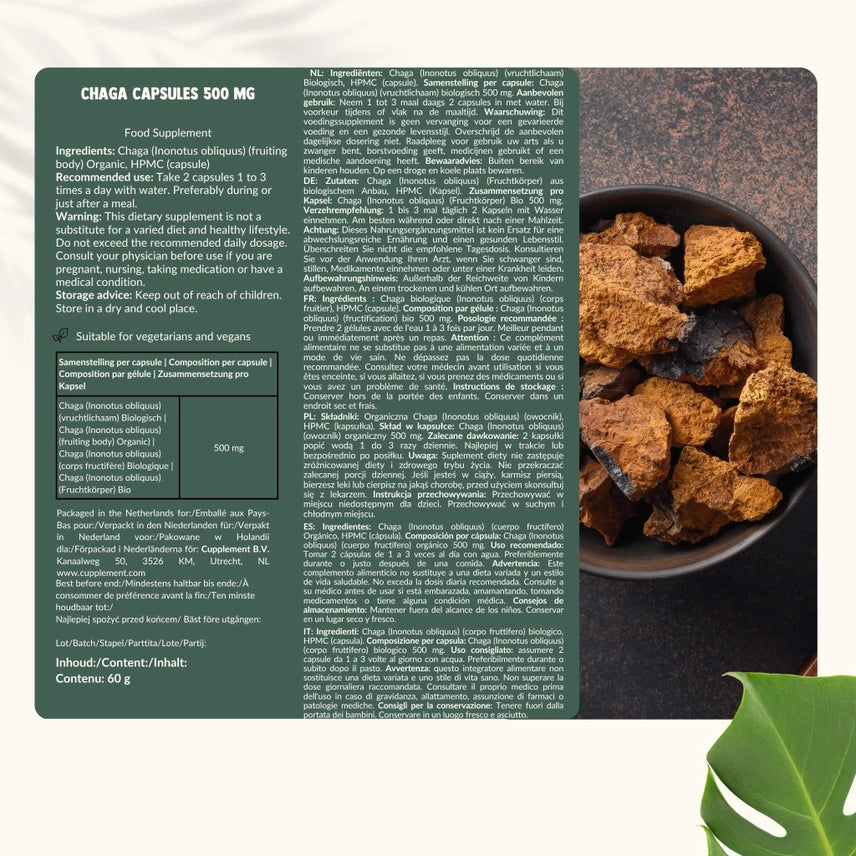 Chaga Orgánico 500 mg – 60 Cápsulas Veganas