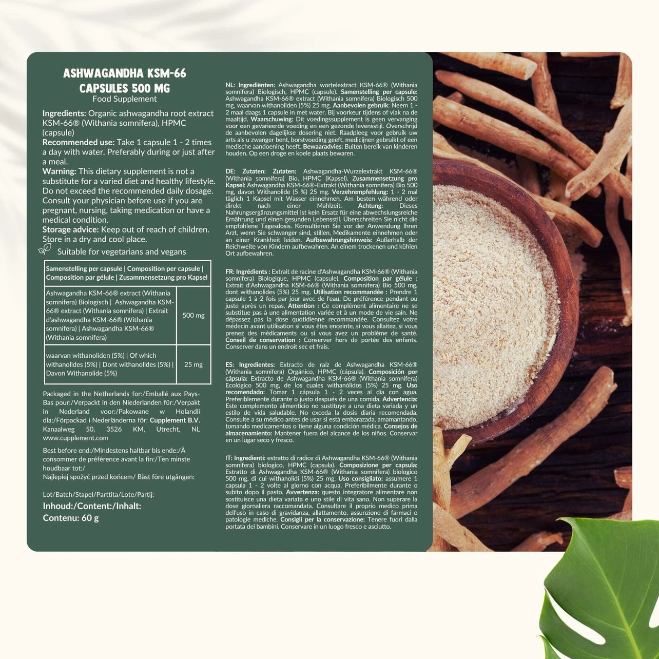 Ashwagandha KSM-66 Orgánica 500 mg – 60 Cápsulas Veganas
